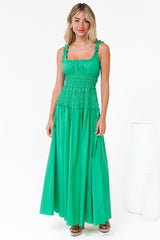 Loyola Maxi Dress - Shirred Bodice Sun Dress with Side Split in Green