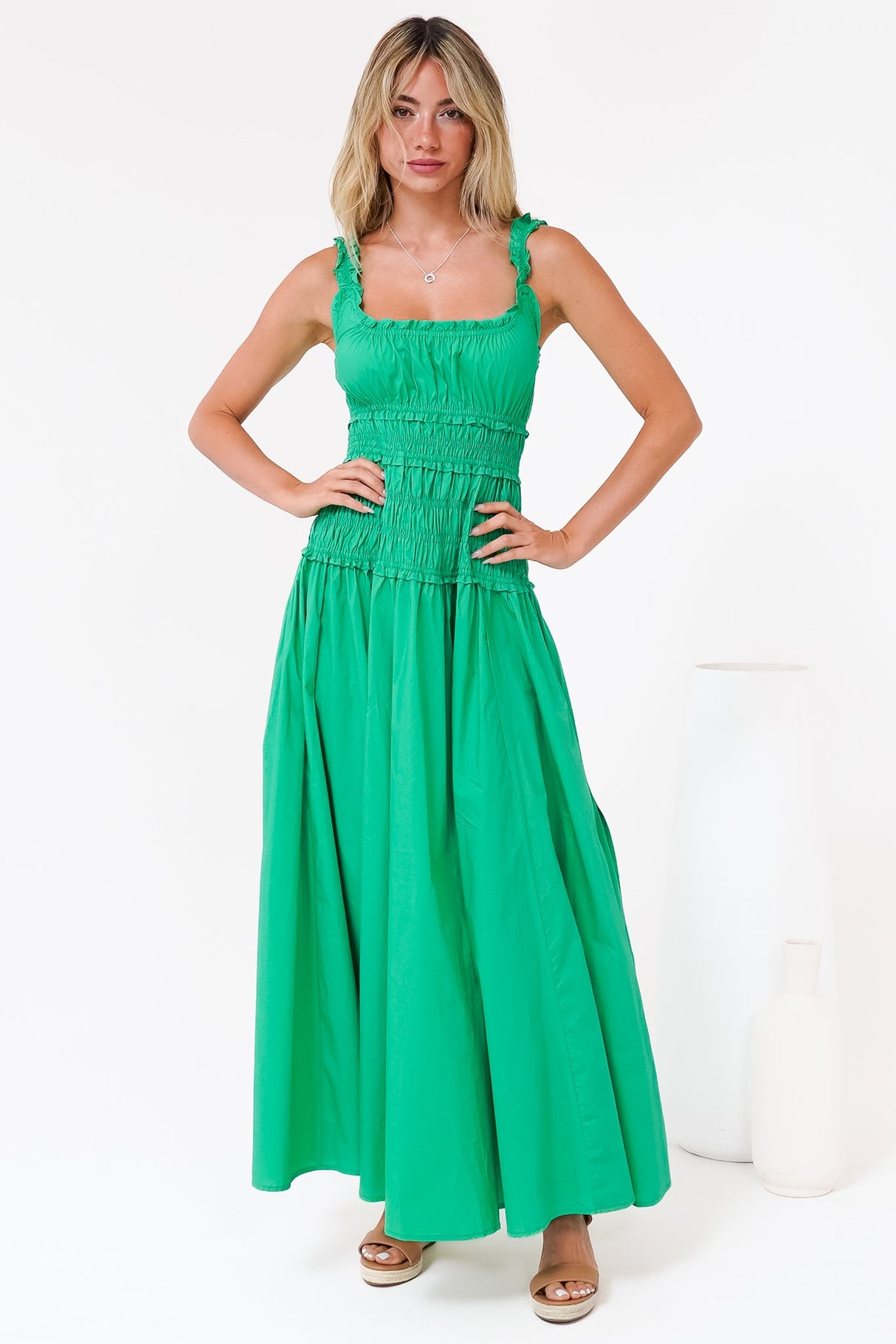Loyola Maxi Dress - Shirred Bodice Sun Dress with Side Split in Green