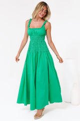 Loyola Maxi Dress - Shirred Bodice Sun Dress with Side Split in Green