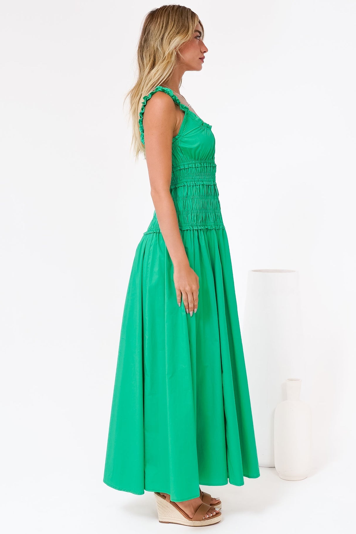 Loyola Maxi Dress - Shirred Bodice Sun Dress with Side Split in Green