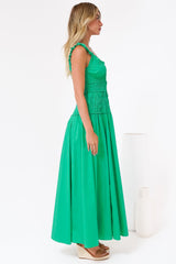 Loyola Maxi Dress - Shirred Bodice Sun Dress with Side Split in Green