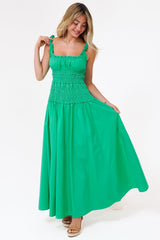 Loyola Maxi Dress - Shirred Bodice Sun Dress with Side Split in Green