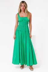 Loyola Maxi Dress - Shirred Bodice Sun Dress with Side Split in Green