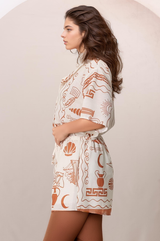 Mirian Button Up Shirt And Shorts Set - Piper Print in Tan