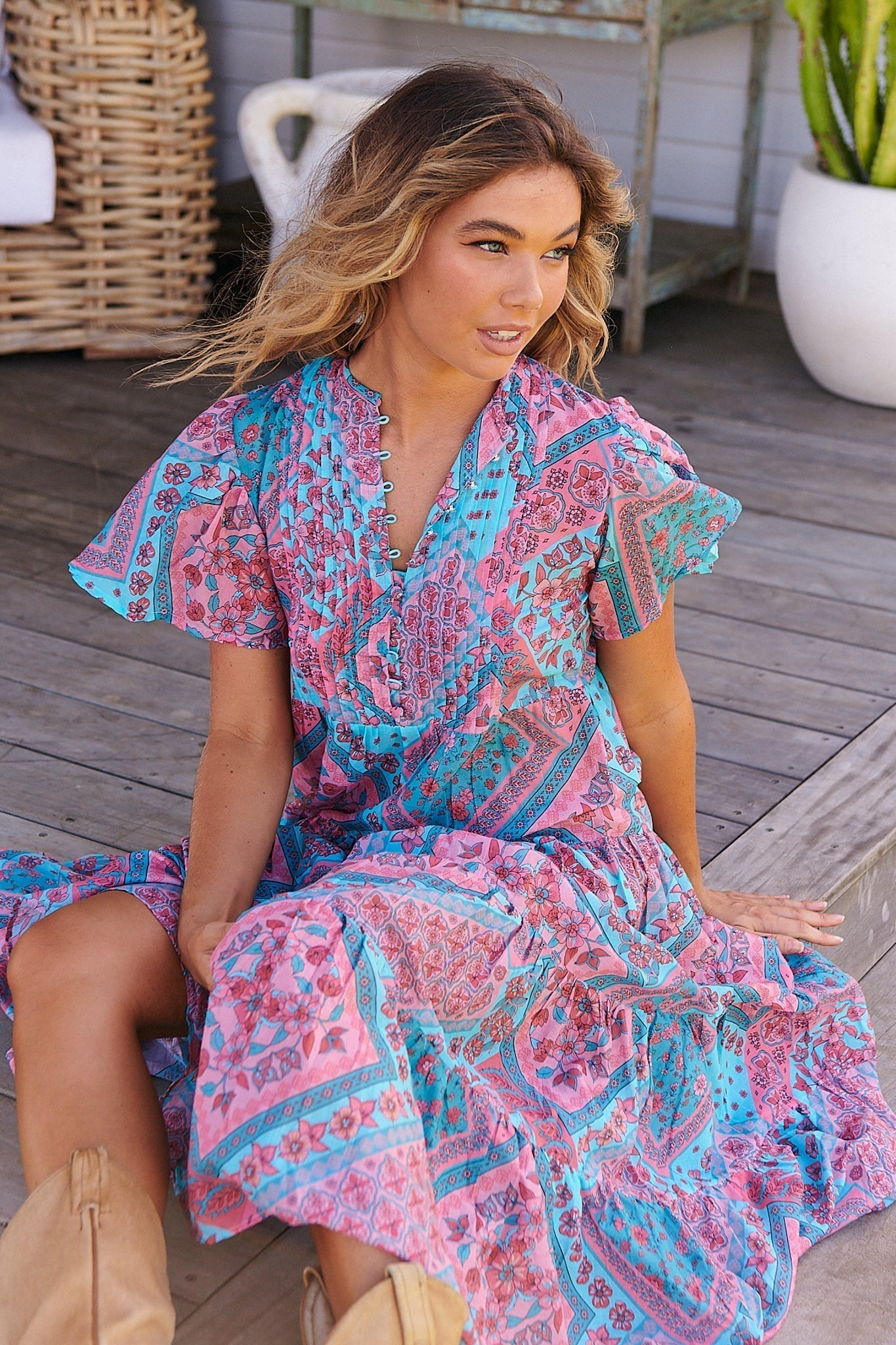JAASE - Yoli Maxi Dress: Bermuda Collar Pleated Bodice Tiered Dress with Ruffle Cap Sleeves in Luana Print
