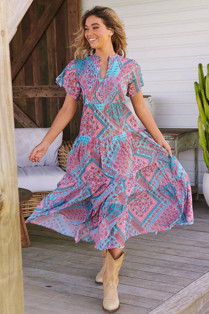 JAASE - Yoli Maxi Dress: Bermuda Collar Pleated Bodice Tiered Dress with Ruffle Cap Sleeves in Luana Print