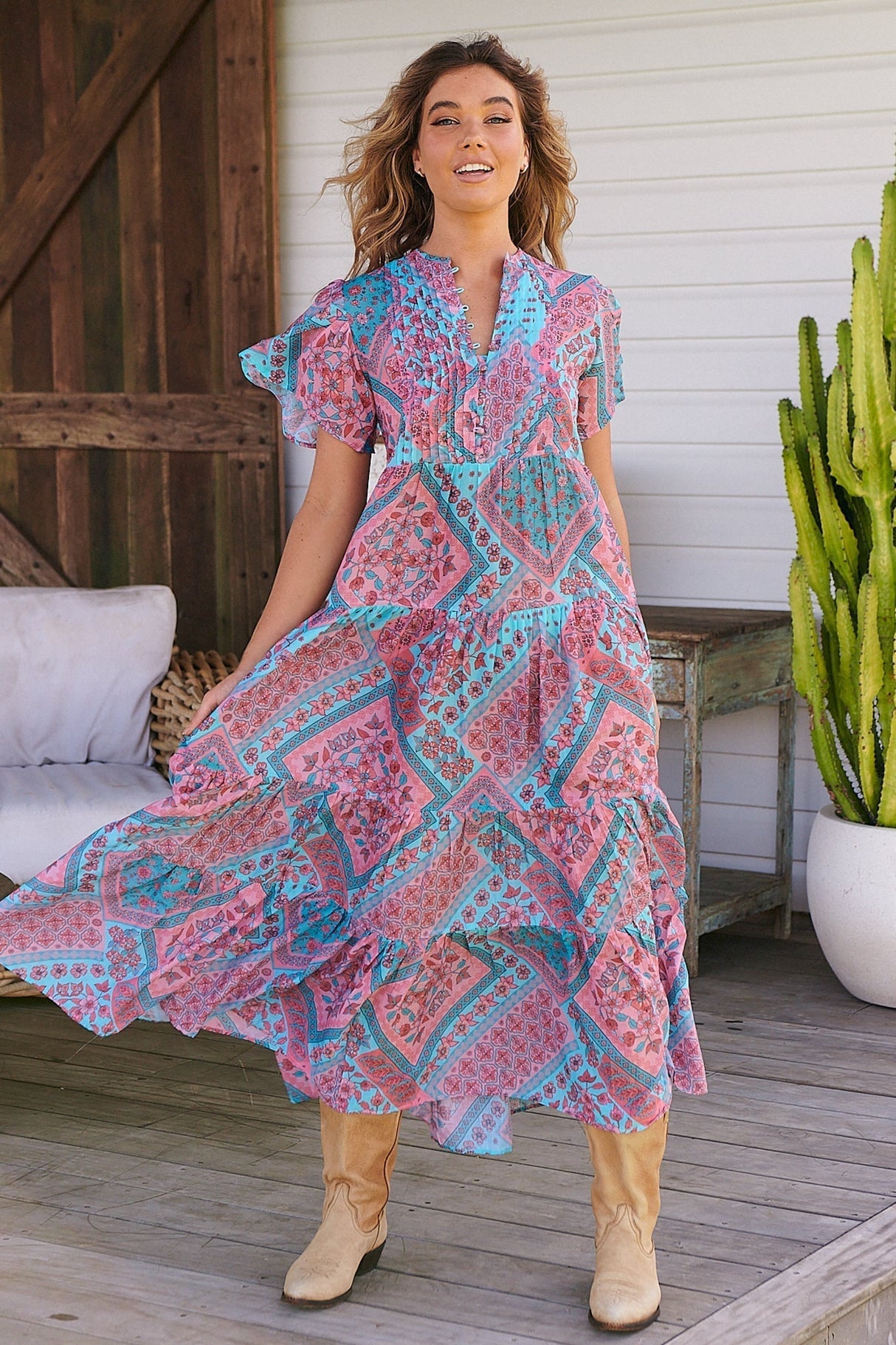 JAASE - Yoli Maxi Dress: Bermuda Collar Pleated Bodice Tiered Dress with Ruffle Cap Sleeves in Luana Print