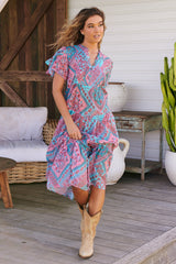 JAASE - Yoli Maxi Dress: Bermuda Collar Pleated Bodice Tiered Dress with Ruffle Cap Sleeves in Luana Print