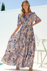 Luann Maxi Dress - V Neck Dress with Drawstring Waist and Flutter Sleeves in Oaklane Print