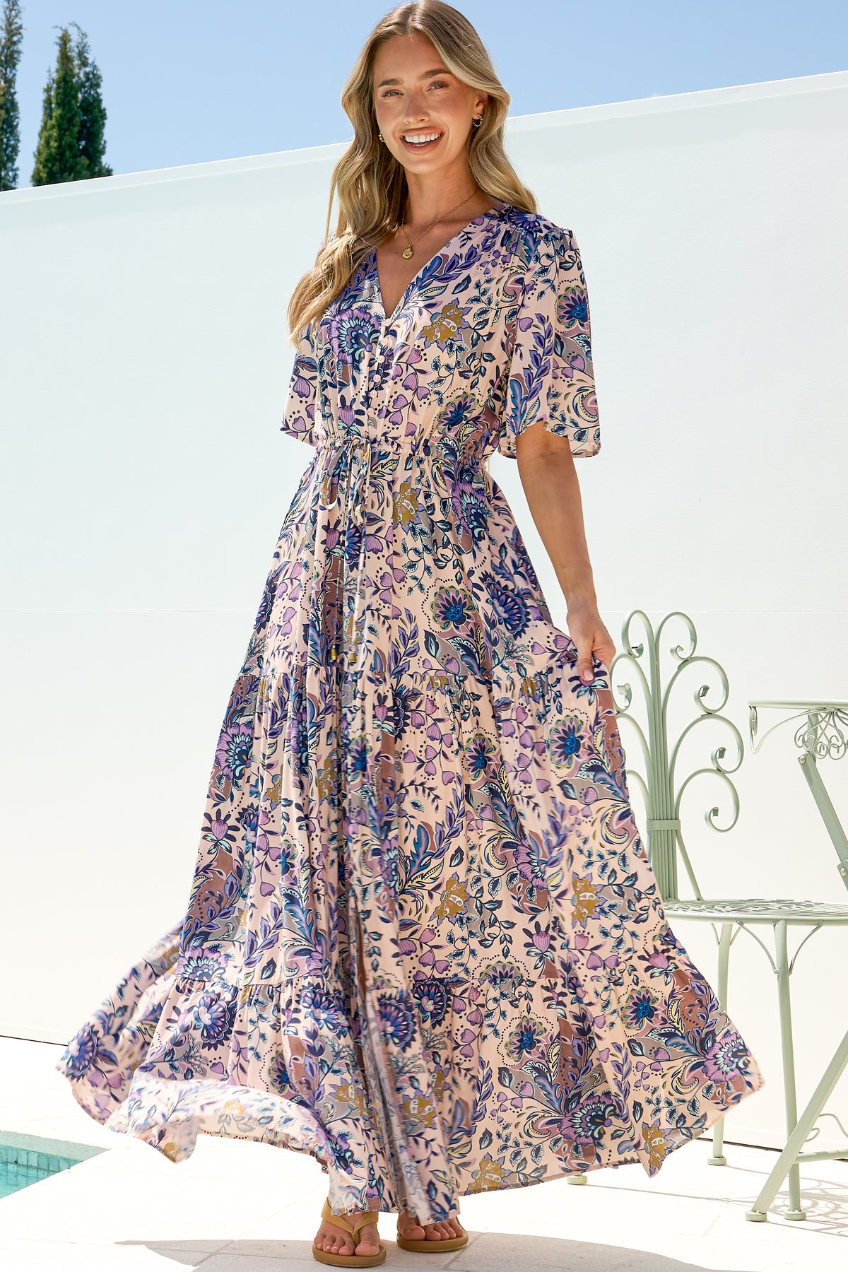Luann Maxi Dress - V Neck Dress with Drawstring Waist and Flutter Sleeves in Oaklane Print
