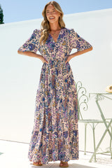 Luann Maxi Dress - V Neck Dress with Drawstring Waist and Flutter Sleeves in Oaklane Print