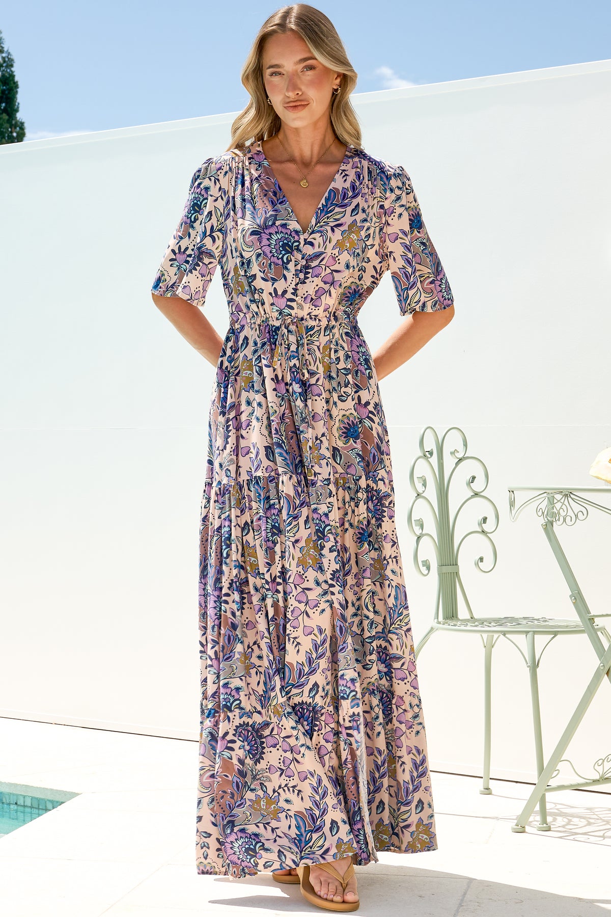 Luann Maxi Dress - V Neck Dress with Drawstring Waist and Flutter Sleeves in Oaklane Print