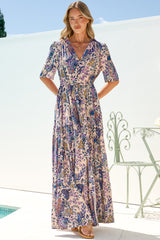 Luann Maxi Dress - V Neck Dress with Drawstring Waist and Flutter Sleeves in Oaklane Print