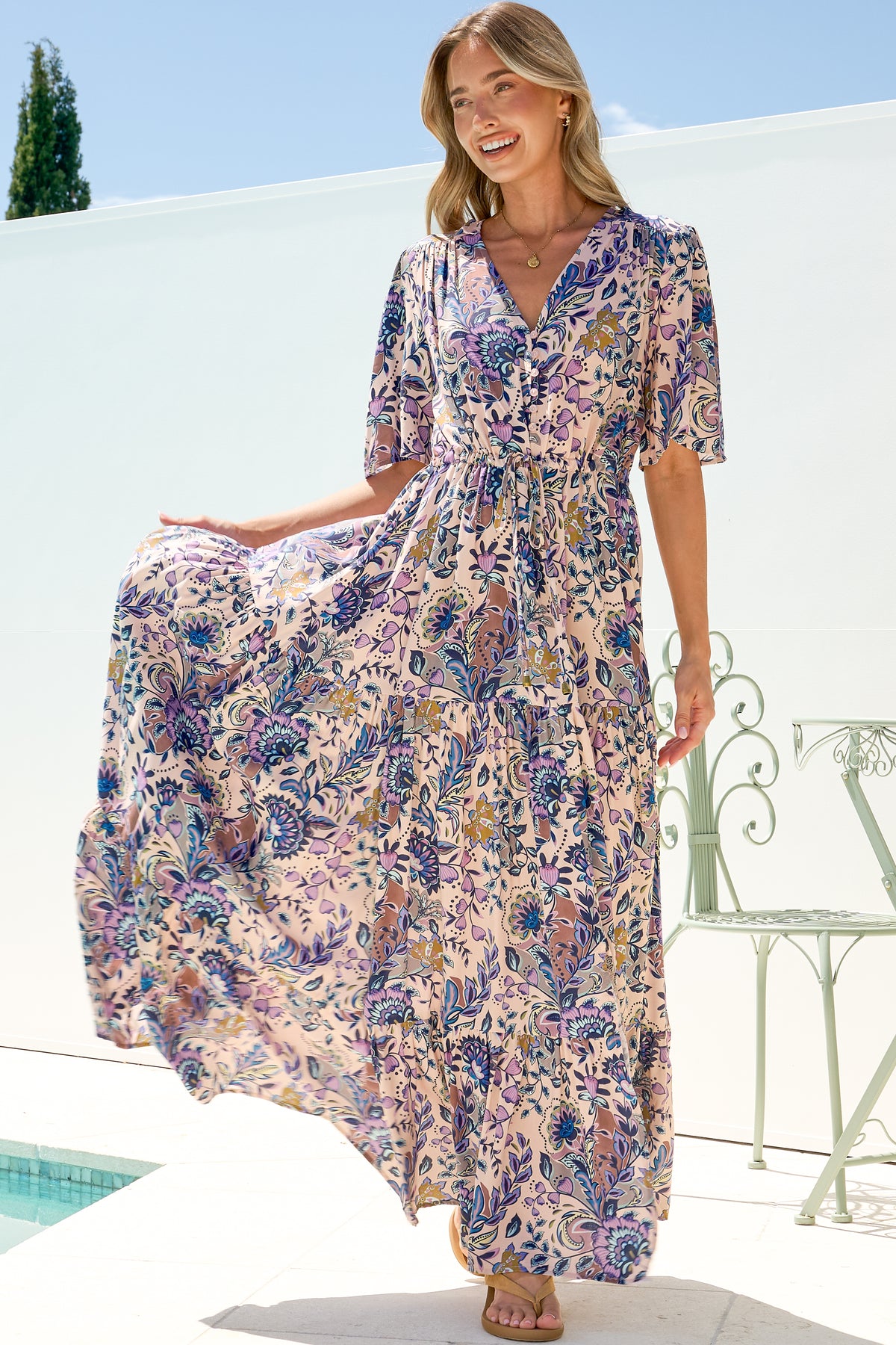 Luann Maxi Dress - V Neck Dress with Drawstring Waist and Flutter Sleeves in Oaklane Print