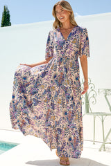 Luann Maxi Dress - V Neck Dress with Drawstring Waist and Flutter Sleeves in Oaklane Print