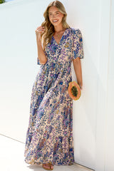 Luann Maxi Dress - V Neck Dress with Drawstring Waist and Flutter Sleeves in Oaklane Print