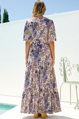 Luann Maxi Dress - V Neck Dress with Drawstring Waist and Flutter Sleeves in Oaklane Print