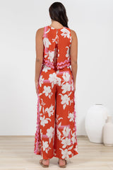 Luchia Jumpsuit - Sleeveless Overlay Bodice Jumpsuit with Ric Rac Trims in Blossaria Print