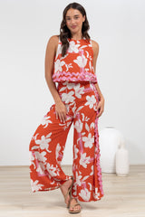 Luchia Jumpsuit - Sleeveless Overlay Bodice Jumpsuit with Ric Rac Trims in Blossaria Print