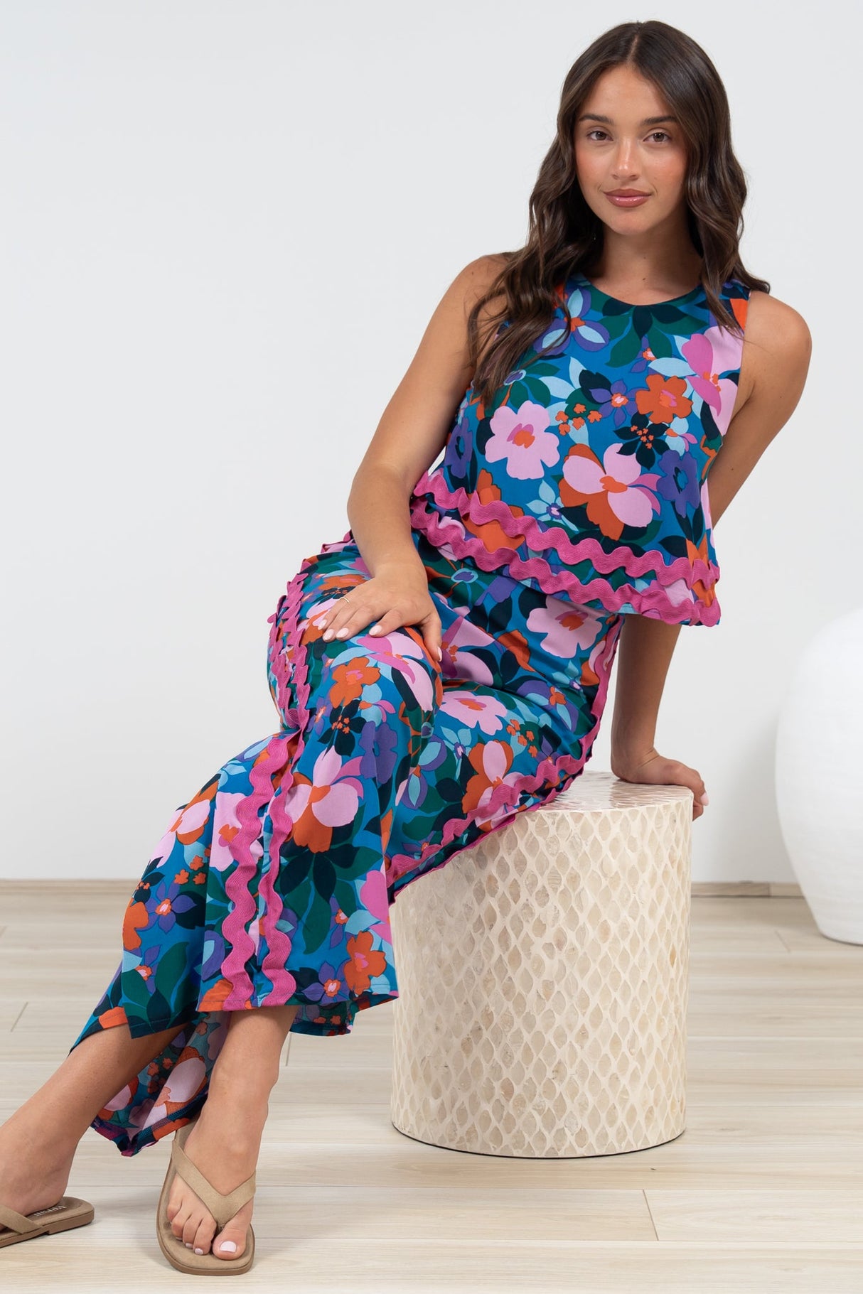 Luchia Jumpsuit - Sleeveless Overlay Bodice Jumpsuit with Ric Rac Trims in Florabelle Print