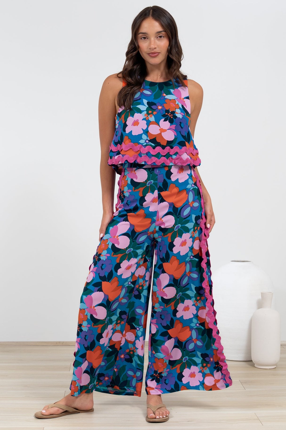 Luchia Jumpsuit - Sleeveless Overlay Bodice Jumpsuit with Ric Rac Trims in Florabelle Print