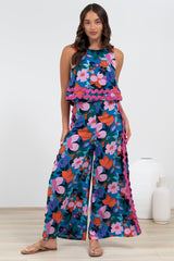 Luchia Jumpsuit - Sleeveless Overlay Bodice Jumpsuit with Ric Rac Trims in Florabelle Print