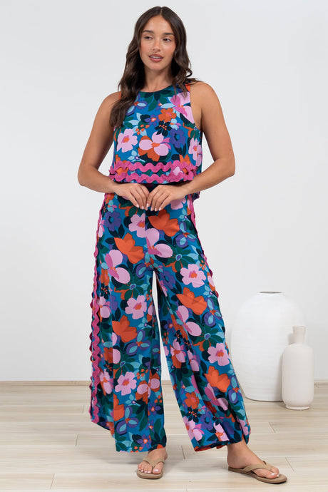Luchia Jumpsuit - Sleeveless Overlay Bodice Jumpsuit with Ric Rac Trims in Florabelle Print