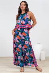 Luchia Jumpsuit - Sleeveless Overlay Bodice Jumpsuit with Ric Rac Trims in Florabelle Print