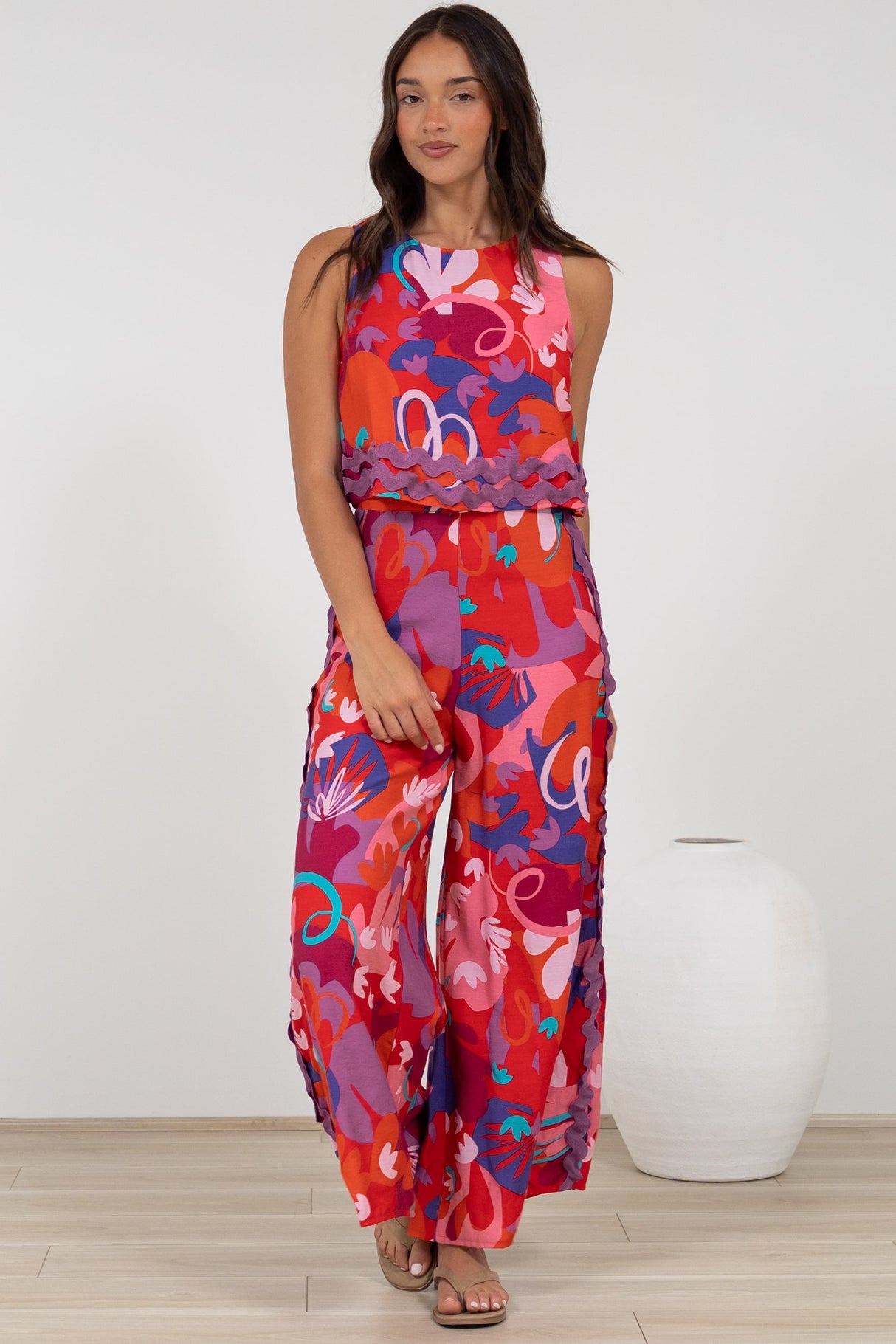 Luchia Jumpsuit - Sleeveless Overlay Bodice Jumpsuit with Ric Rac Trims in Talina Print