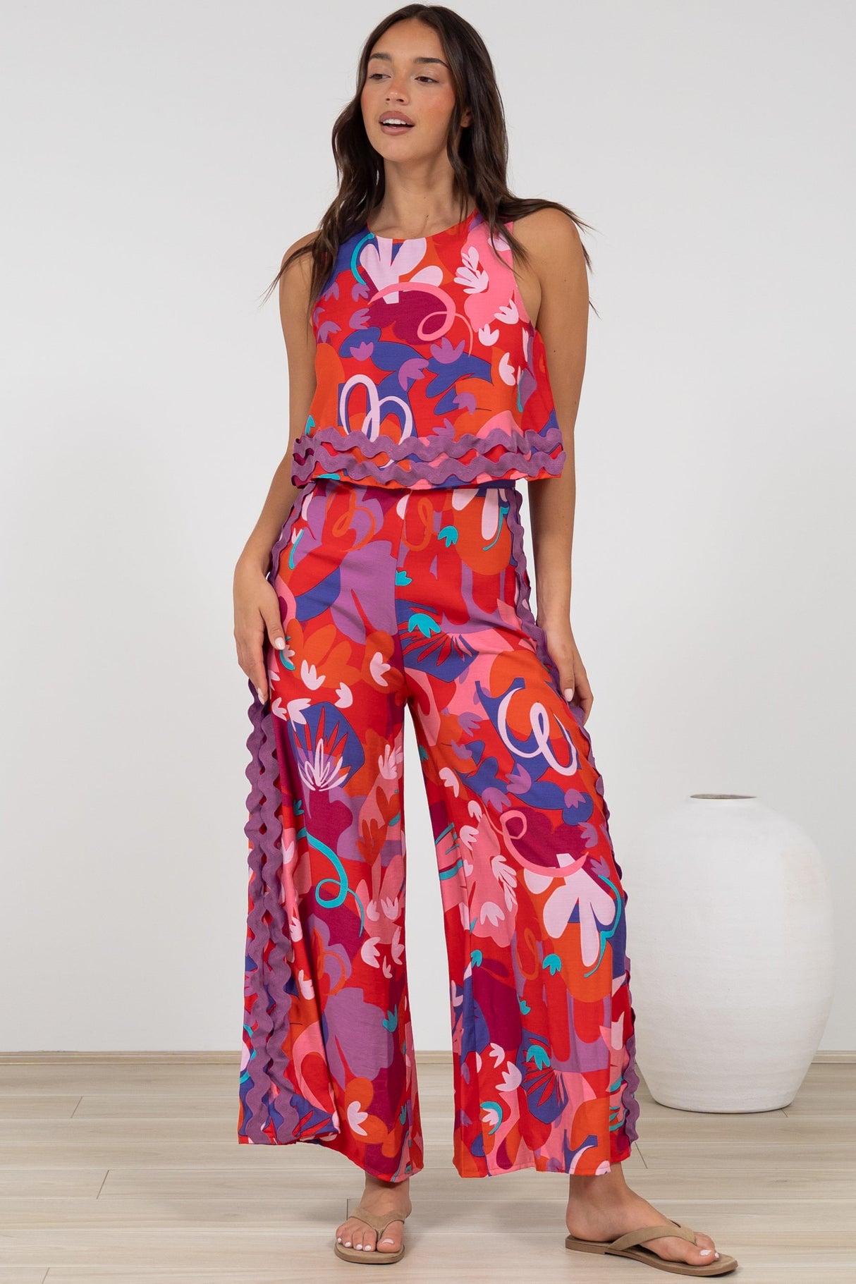 Luchia Jumpsuit - Sleeveless Overlay Bodice Jumpsuit with Ric Rac Trims in Talina Print