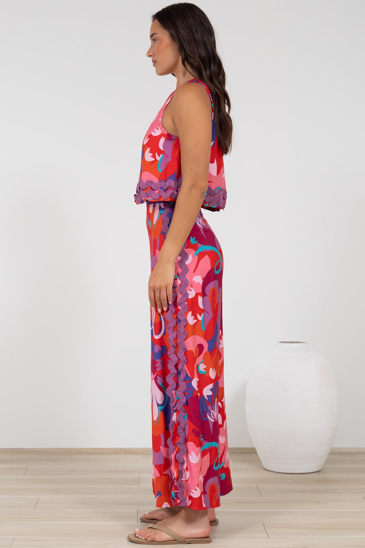 Luchia Jumpsuit - Sleeveless Overlay Bodice Jumpsuit with Ric Rac Trims in Talina Print