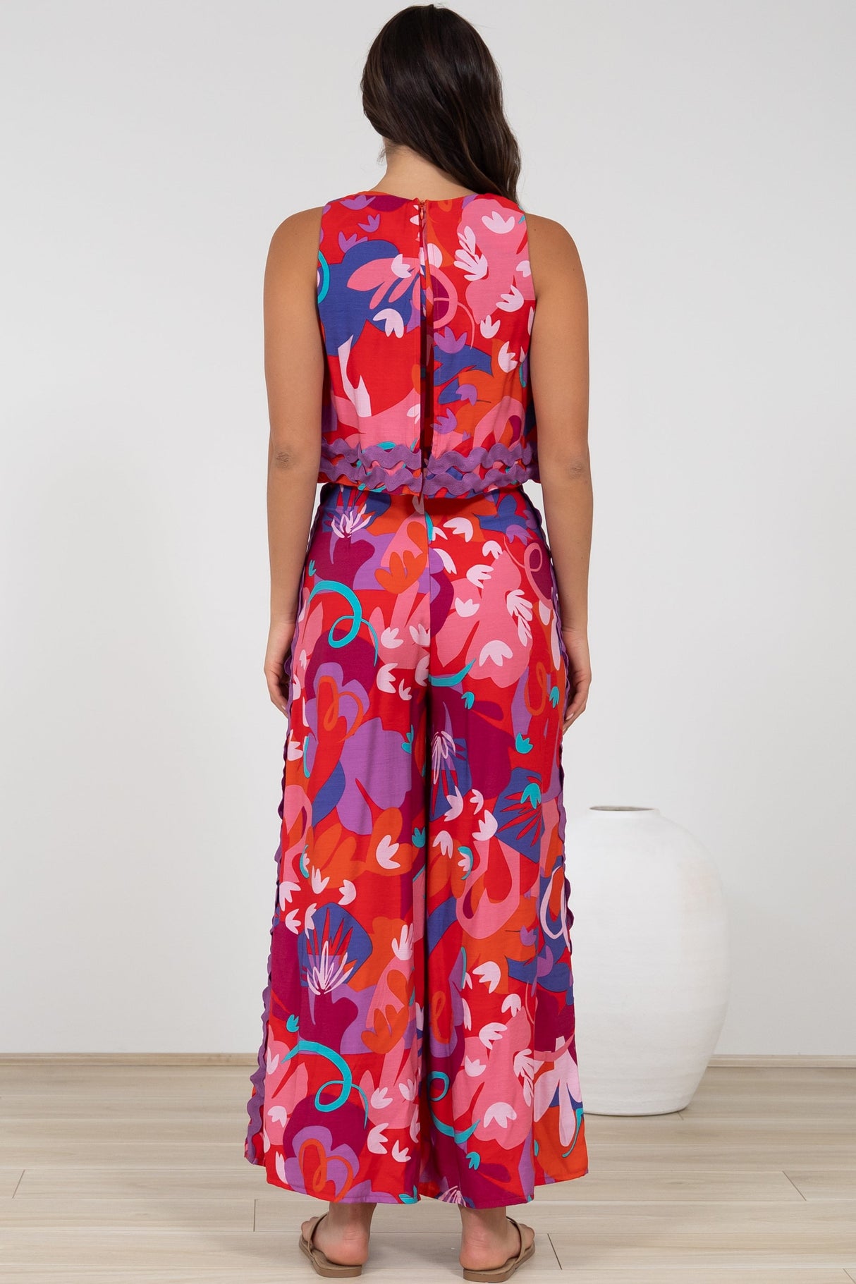 Luchia Jumpsuit - Sleeveless Overlay Bodice Jumpsuit with Ric Rac Trims in Talina Print