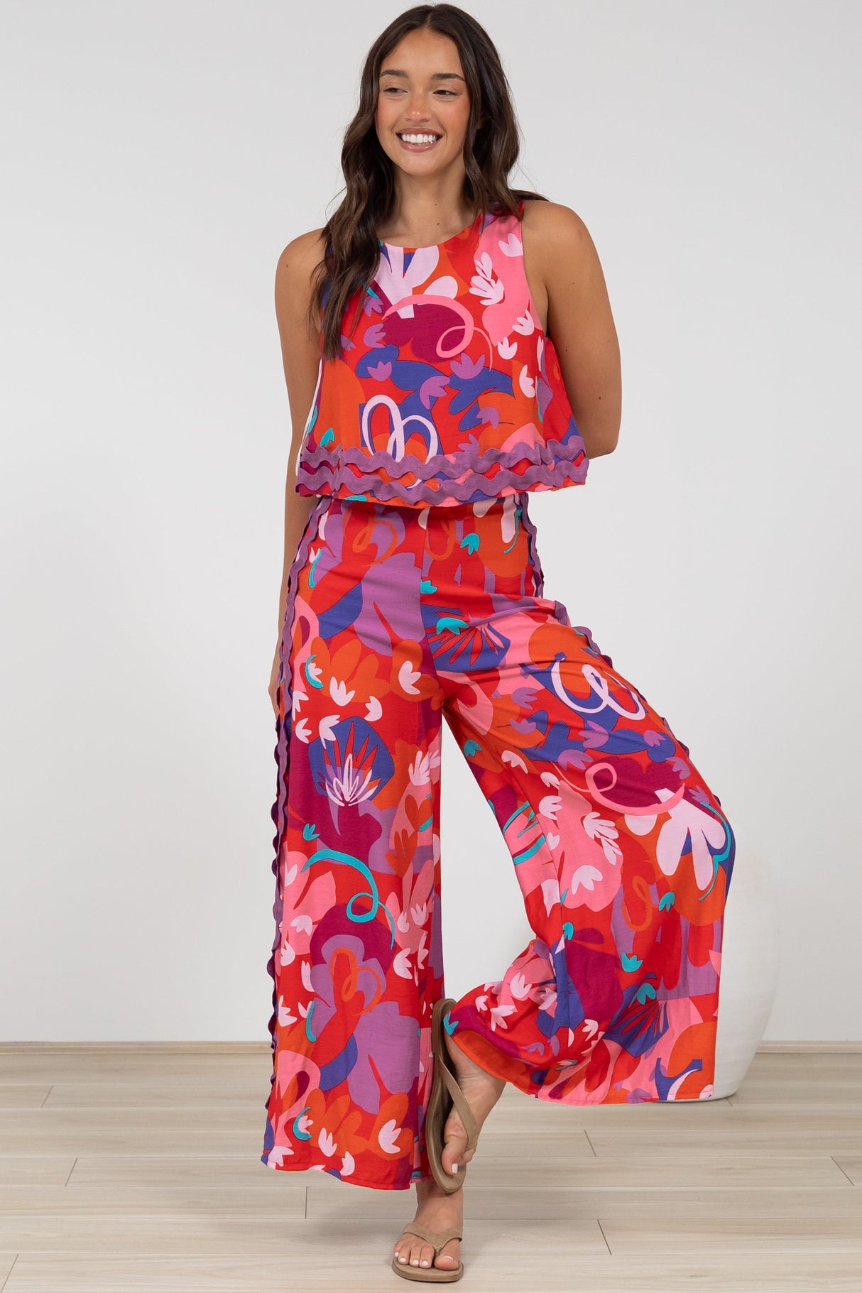 Luchia Jumpsuit - Sleeveless Overlay Bodice Jumpsuit with Ric Rac Trims in Talina Print