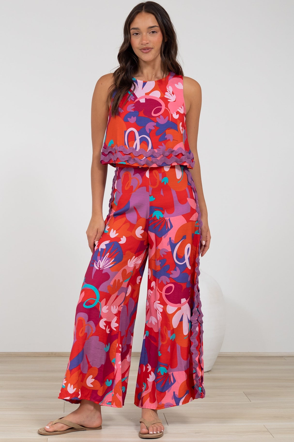 Luchia Jumpsuit - Sleeveless Overlay Bodice Jumpsuit with Ric Rac Trims in Talina Print