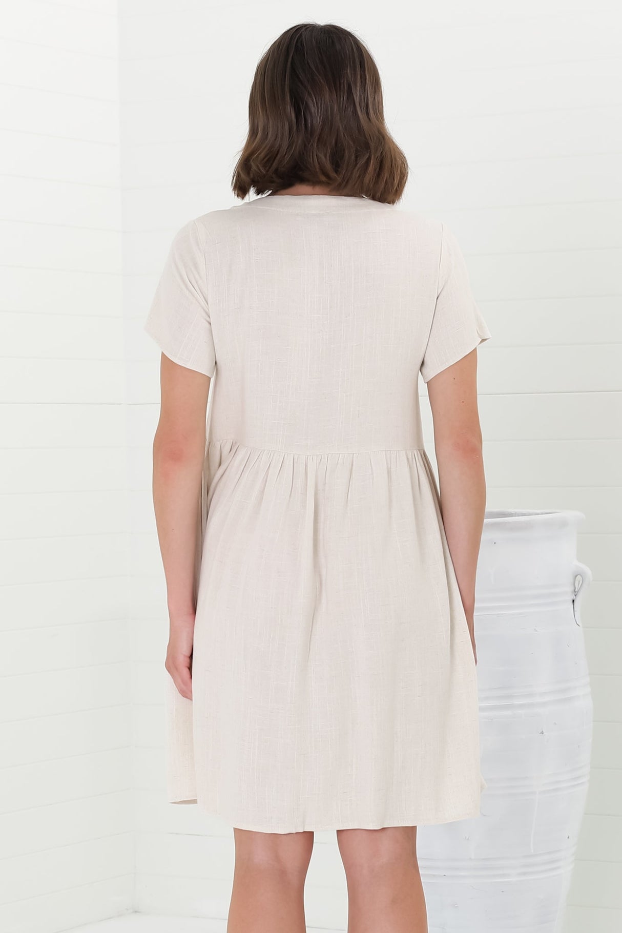 Lucia Mini Dress - V-Neck Button Down Linen Blend Smock Dress in Oat