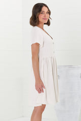 Lucia Mini Dress - V-Neck Button Down Linen Blend Smock Dress in Oat