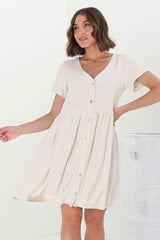 Lucia Mini Dress - V-Neck Button Down Linen Blend Smock Dress in Oat