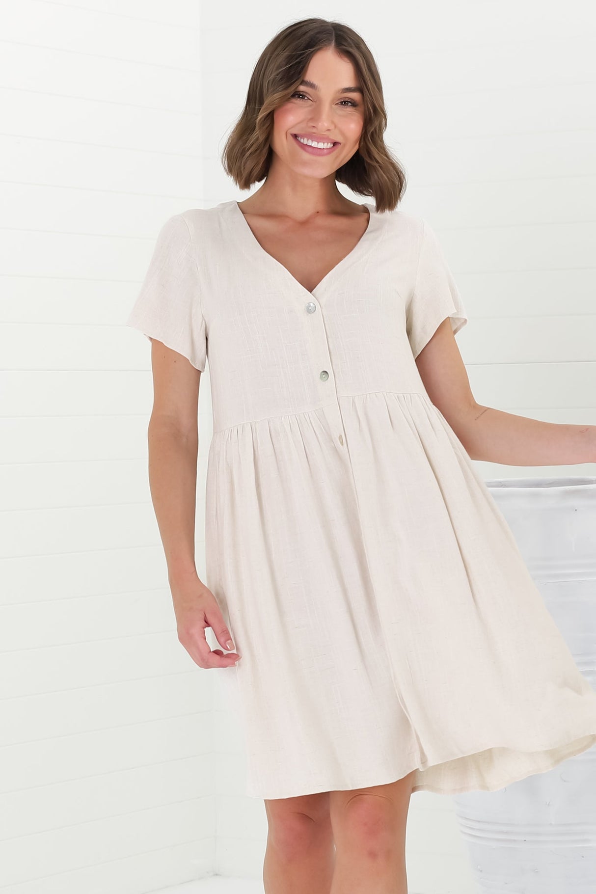 Lucia Mini Dress - V-Neck Button Down Linen Blend Smock Dress in Oat