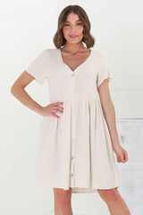 Lucia Mini Dress - V-Neck Button Down Linen Blend Smock Dress in Oat