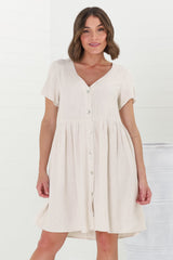 Lucia Mini Dress - V-Neck Button Down Linen Blend Smock Dress in Oat