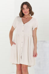 Lucia Mini Dress - V-Neck Button Down Linen Blend Smock Dress in Oat