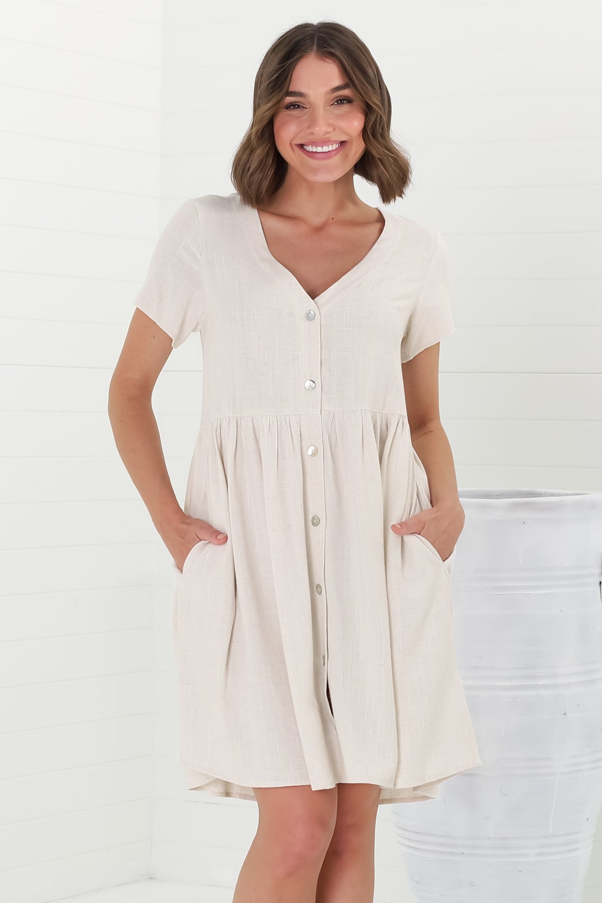 Lucia Mini Dress - V-Neck Button Down Linen Blend Smock Dress in Oat