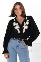 Lucian Blouse - Frill Neckline Pull Over Floral Decal Blouse in Black