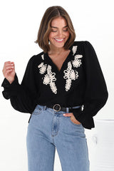 Lucian Blouse - Frill Neckline Pull Over Floral Decal Blouse in Black