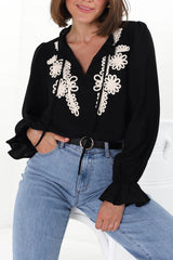 Lucian Blouse - Frill Neckline Pull Over Floral Decal Blouse in Black