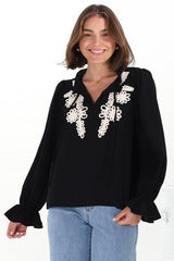 Lucian Blouse - Frill Neckline Pull Over Floral Decal Blouse in Black