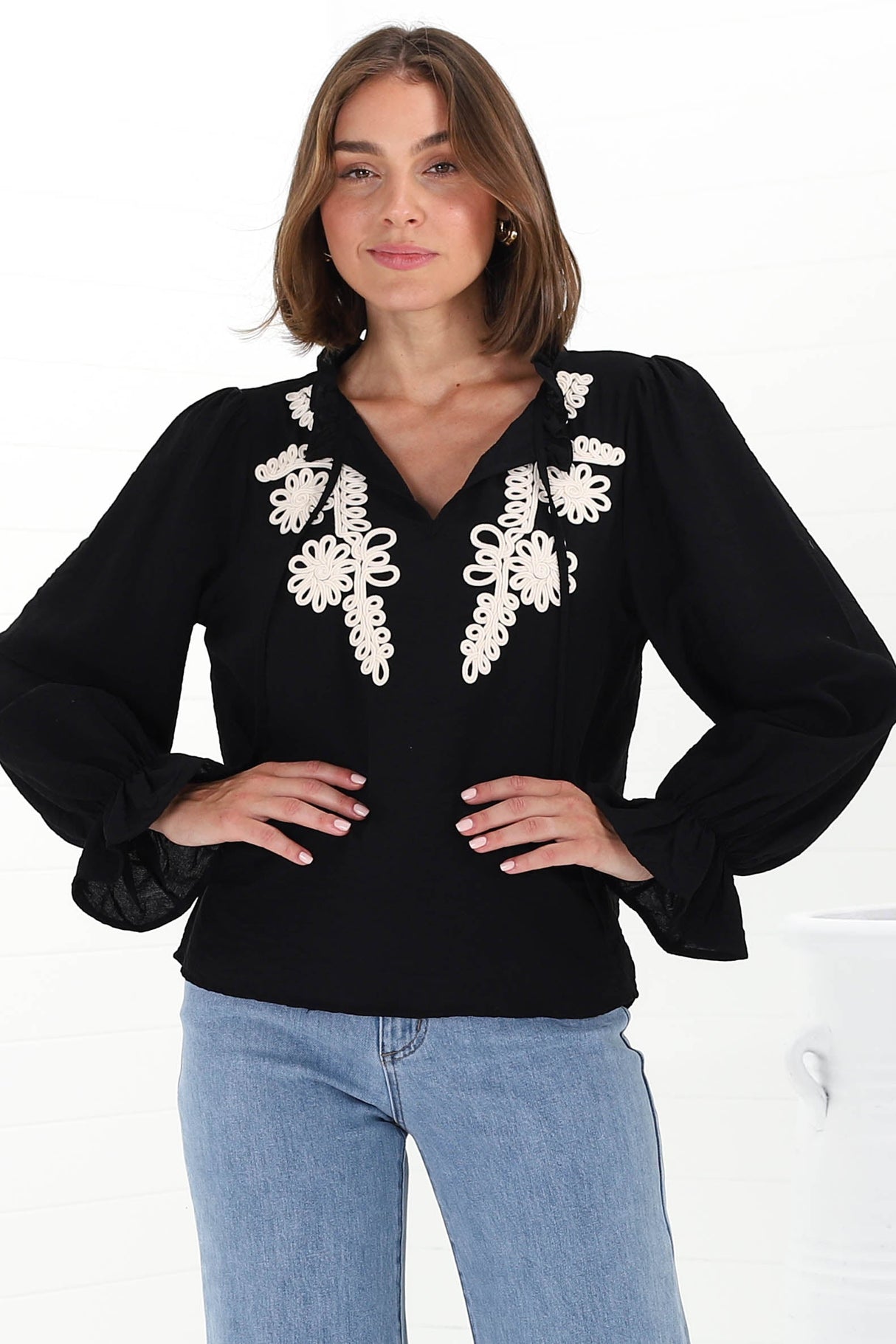 Lucian Blouse - Frill Neckline Pull Over Floral Decal Blouse in Black