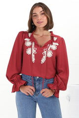 Lucian Blouse - Frill Neckline Pull Over Floral Decal Blouse in Red