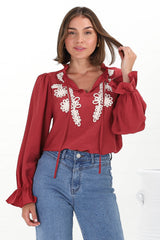 Lucian Blouse - Frill Neckline Pull Over Floral Decal Blouse in Red