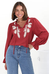 Lucian Blouse - Frill Neckline Pull Over Floral Decal Blouse in Red